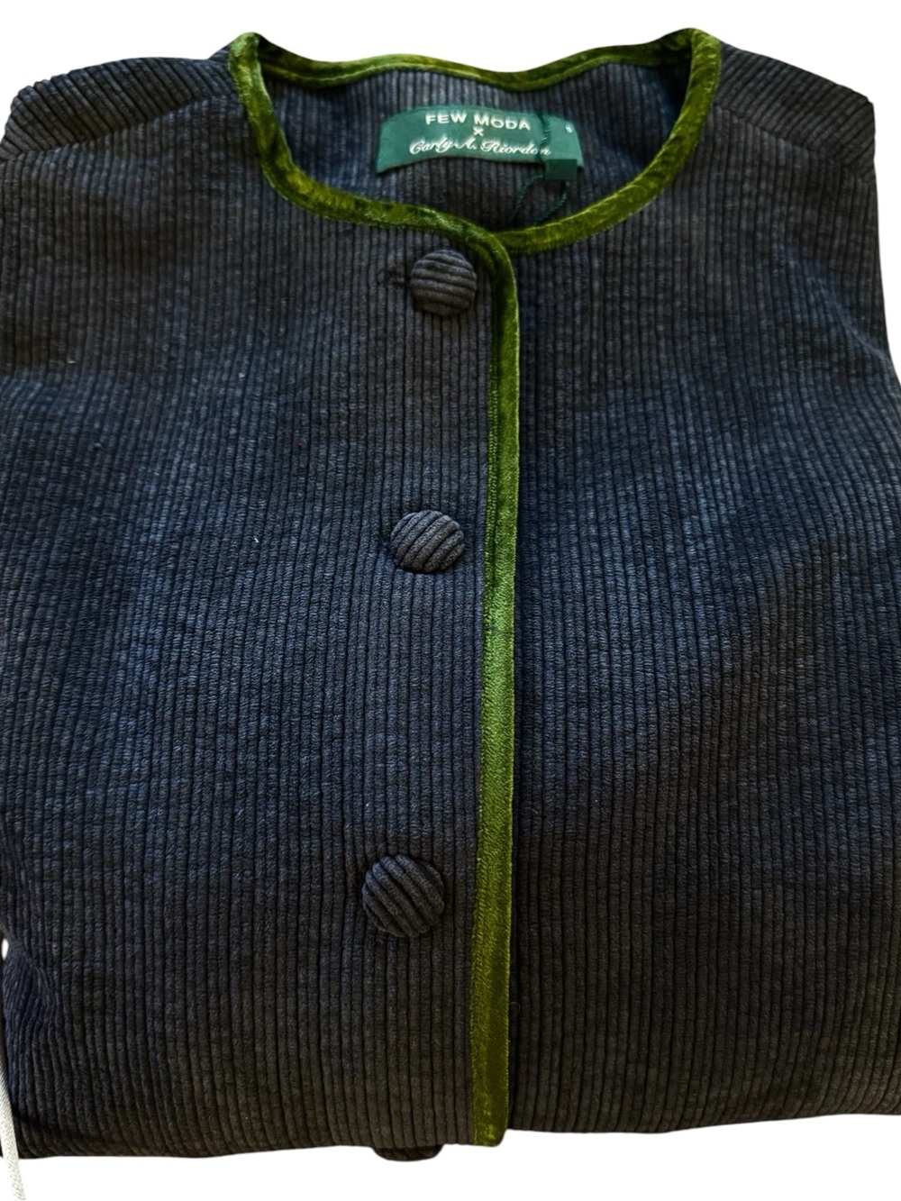 Few Moda Jane Jacket Navy Ribbed Cardigan Green Velvet Trim Lined Button Front